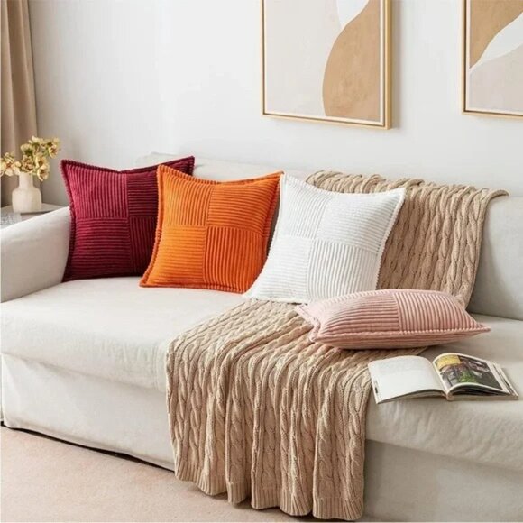 Orange Striped Texture Corduroy Decorative Farmhouse Luxury Soft Pillow CoverSet - Picture 5 of 5